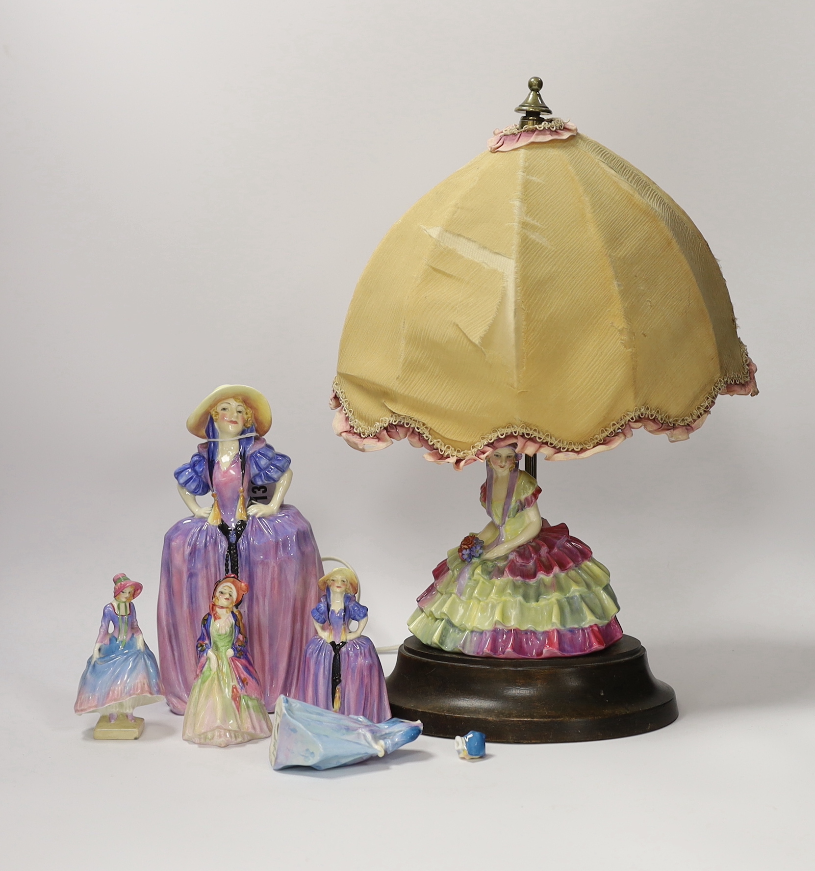 Six Royal Doulton figurines comprising two Patricia HN1431 (one miniature), miniature Pantalettes, The Paisley Shawl and Sweet Anne together with Chloe HN1470, mounted as a lamp